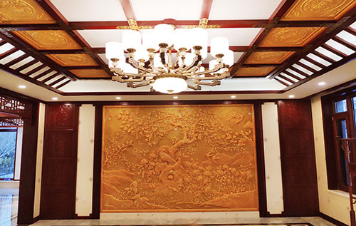 苏州中式别墅客厅中式木作横梁吊顶装饰展示