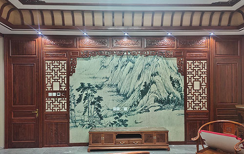 苏州中式仿古别墅客厅背景墙花格木作装饰